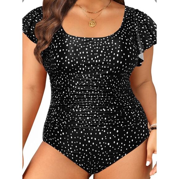 Plus Size Black White Polka Dot Ruffle Sleeve Ruched One Piece Swimsuit 22W - Picture 1 of 4